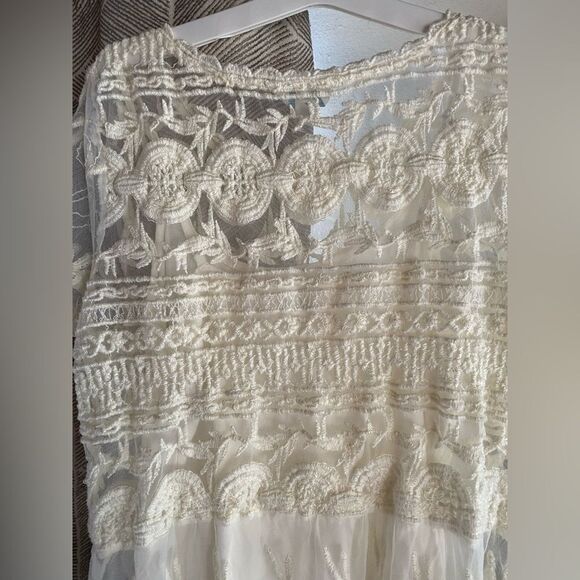 Sundance Embroidered Beige Short Sleeve Lace Mesh Blouse Sz M  Boho Lined - Picture 4 of 15